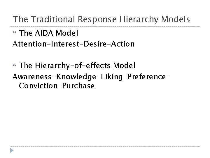 The Traditional Response Hierarchy Models The AIDA Model Attention-Interest-Desire-Action The Hierarchy-of-effects Model Awareness-Knowledge-Liking-Preference. Conviction-Purchase The Traditional Response Hierarchy Models The AIDA Model Attention-Interest-Desire-Action The Hierarchy-of-effects Model Awareness-Knowledge-Liking-Preference. Conviction-Purchase