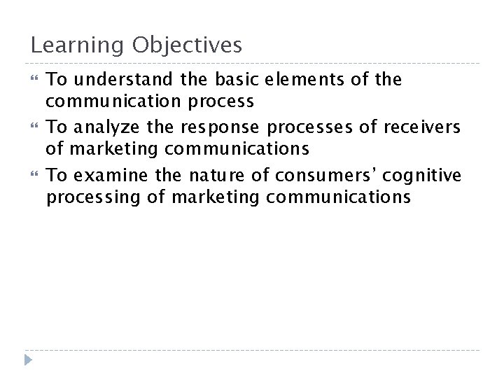Learning Objectives To understand the basic elements of the communication process To analyze the Learning Objectives To understand the basic elements of the communication process To analyze the