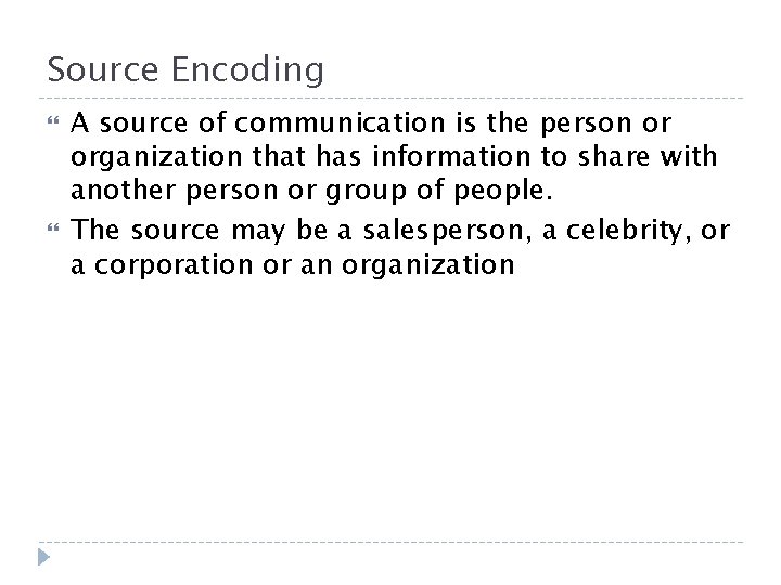 Source Encoding A source of communication is the person or organization that has information Source Encoding A source of communication is the person or organization that has information