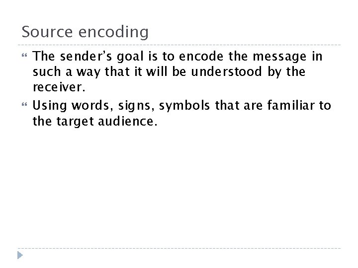 Source encoding The sender’s goal is to encode the message in such a way Source encoding The sender’s goal is to encode the message in such a way
