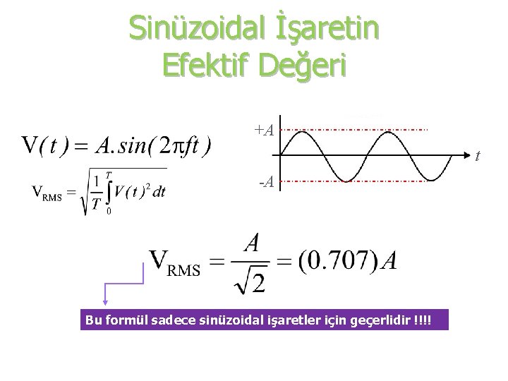 Sinüzoidal İşaretin Efektif Değeri +A t -A Bu formül sadece sinüzoidal işaretler için geçerlidir