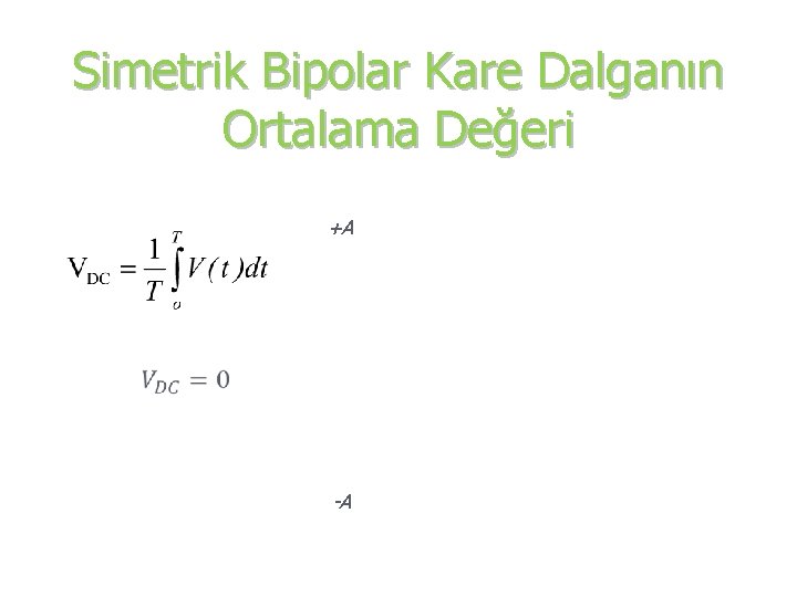 Simetrik Bipolar Kare Dalganın Ortalama Değeri +A -A 