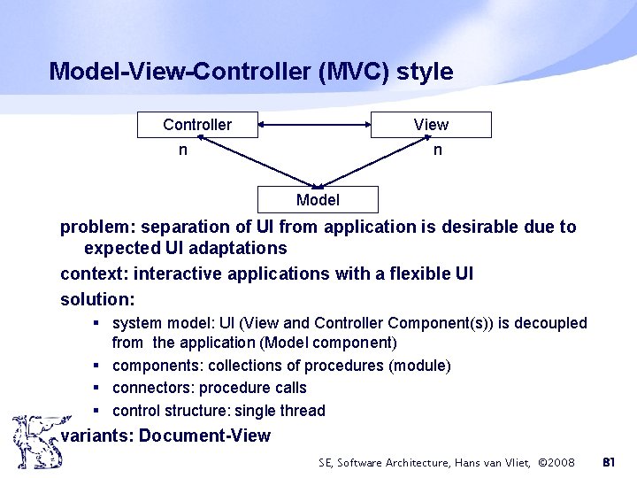 Model-View-Controller (MVC) style Controller View n n Model problem: separation of UI from application Model-View-Controller (MVC) style Controller View n n Model problem: separation of UI from application