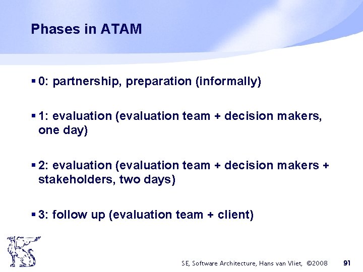 Phases in ATAM § 0: partnership, preparation (informally) § 1: evaluation (evaluation team + Phases in ATAM § 0: partnership, preparation (informally) § 1: evaluation (evaluation team +