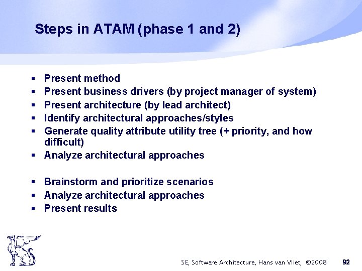 Steps in ATAM (phase 1 and 2) § § § Present method Present business Steps in ATAM (phase 1 and 2) § § § Present method Present business
