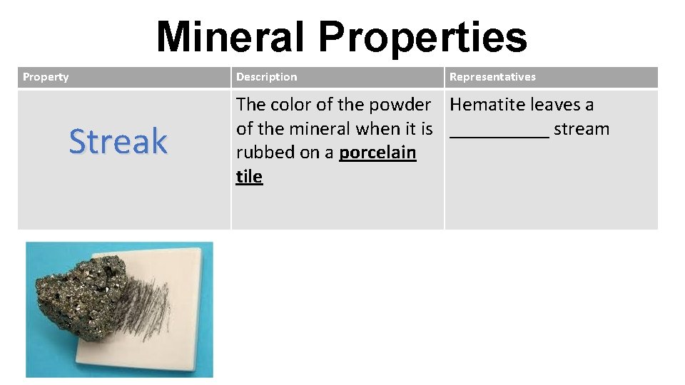 Mineral Properties Property Streak Description Representatives The color of the powder Hematite leaves a