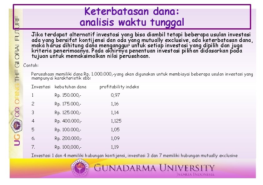 Keterbatasan dana: analisis waktu tunggal Jika terdapat alternatif investasi yang bisa diambil tetapi beberapa