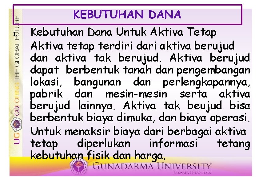 KEBUTUHAN DANA 1. Kebutuhan Dana Untuk Aktiva Tetap Aktiva tetap terdiri dari aktiva berujud