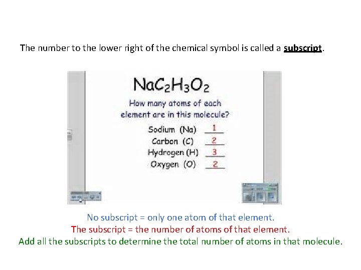 The number to the lower right of the chemical symbol is called a subscript.