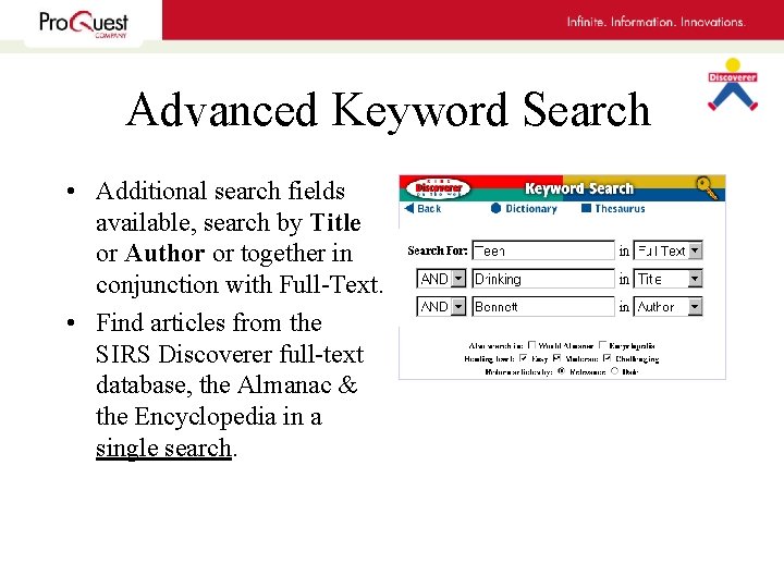 Advanced Keyword Search • Additional search fields available, search by Title or Author or