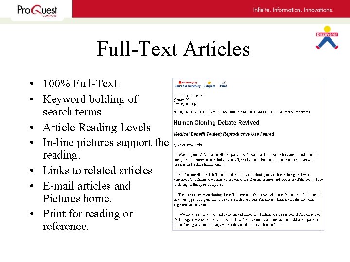 Full-Text Articles • 100% Full-Text • Keyword bolding of search terms • Article Reading