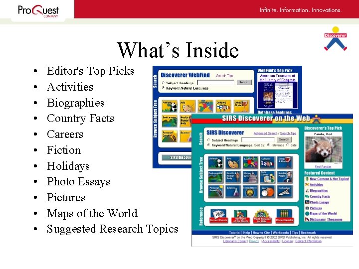 What’s Inside • • • Editor's Top Picks Activities Biographies Country Facts Careers Fiction