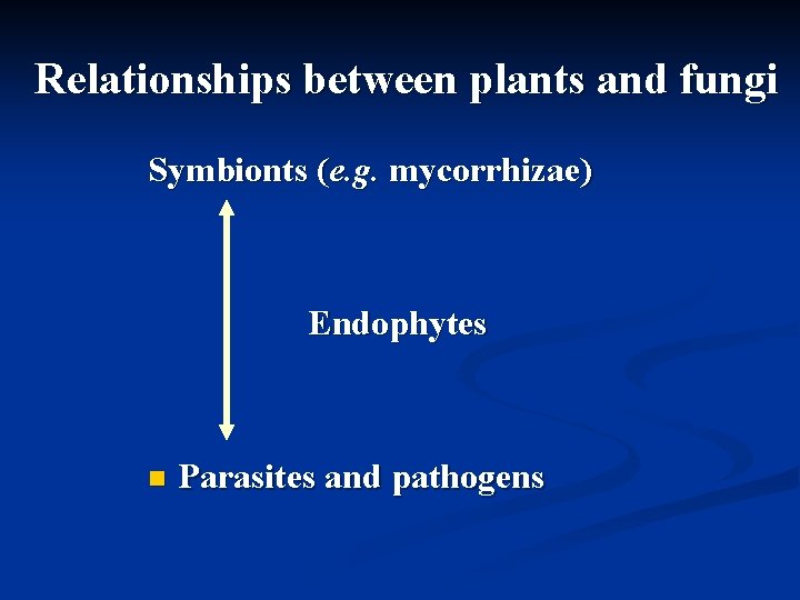 Relationships between plants and fungi Symbionts (e. g. mycorrhizae) Endophytes n Parasites and pathogens Relationships between plants and fungi Symbionts (e. g. mycorrhizae) Endophytes n Parasites and pathogens