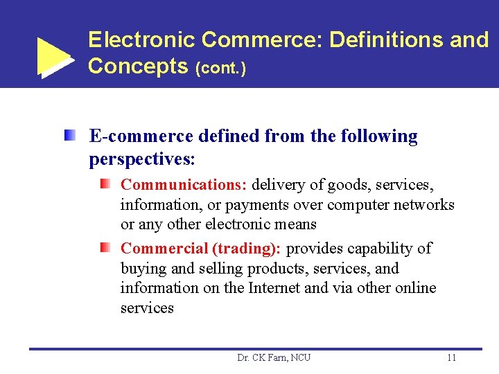 Electronic Commerce: Definitions and Concepts (cont. ) E-commerce defined from the following perspectives: Communications: