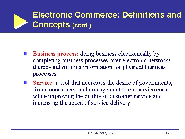 Electronic Commerce: Definitions and Concepts (cont. ) Business process: doing business electronically by completing