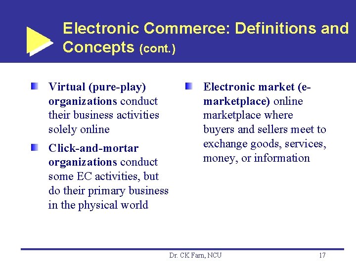 Electronic Commerce: Definitions and Concepts (cont. ) Virtual (pure-play) organizations conduct their business activities