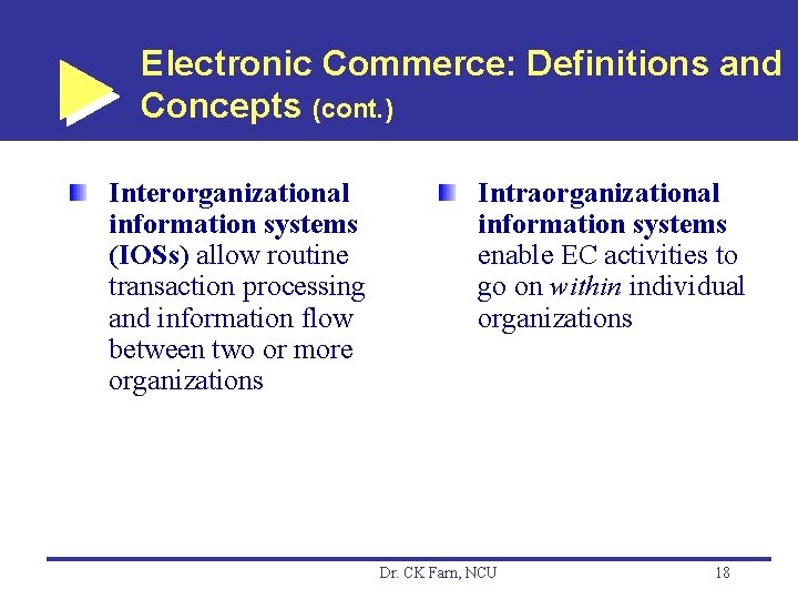 Electronic Commerce: Definitions and Concepts (cont. ) Interorganizational information systems (IOSs) allow routine transaction
