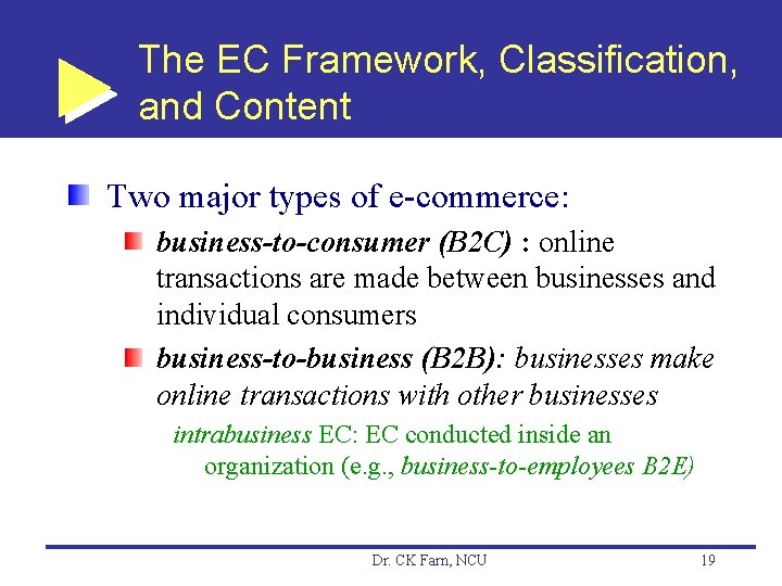 The EC Framework, Classification, and Content Two major types of e-commerce: business-to-consumer (B 2