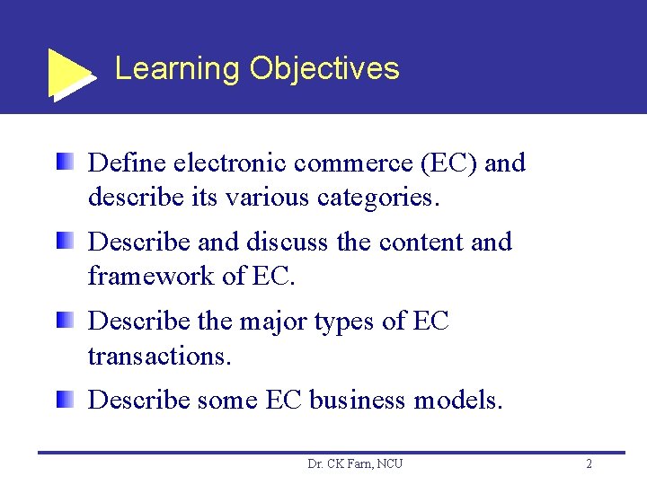 Learning Objectives Define electronic commerce (EC) and describe its various categories. Describe and discuss