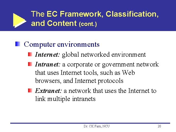 The EC Framework, Classification, and Content (cont. ) Computer environments Internet: global networked environment