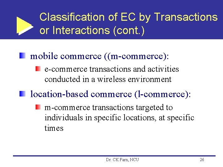 Classification of EC by Transactions or Interactions (cont. ) mobile commerce ((m-commerce): e-commerce transactions