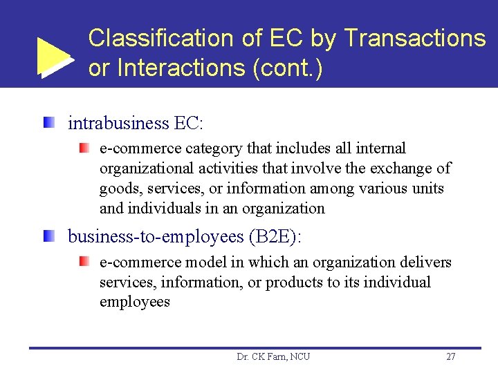 Classification of EC by Transactions or Interactions (cont. ) intrabusiness EC: e-commerce category that