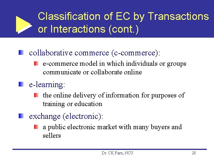 Classification of EC by Transactions or Interactions (cont. ) collaborative commerce (c-commerce): e-commerce model