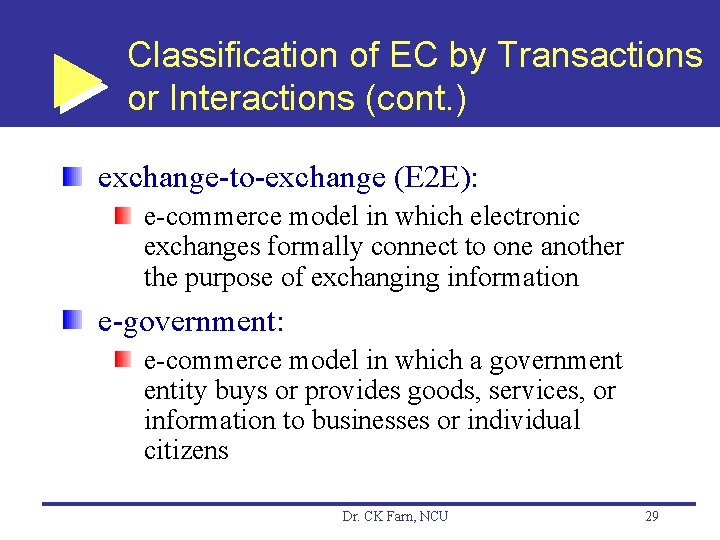 Classification of EC by Transactions or Interactions (cont. ) exchange-to-exchange (E 2 E): e-commerce