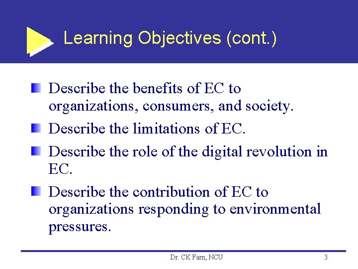 Learning Objectives (cont. ) Describe the benefits of EC to organizations, consumers, and society.