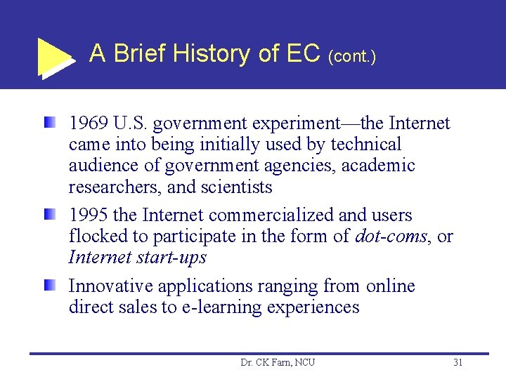 A Brief History of EC (cont. ) 1969 U. S. government experiment—the Internet came