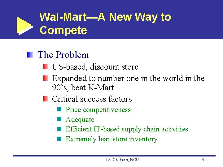 Wal-Mart—A New Way to Compete The Problem US-based, discount store Expanded to number one