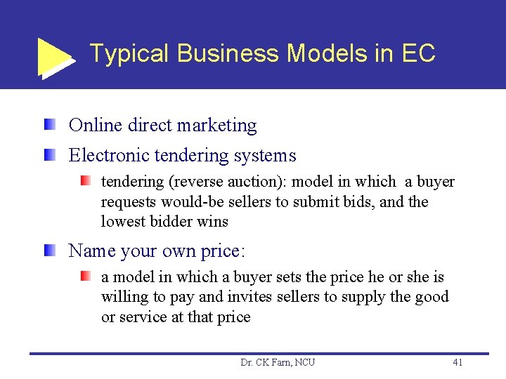 Typical Business Models in EC Online direct marketing Electronic tendering systems tendering (reverse auction):