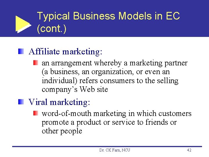 Typical Business Models in EC (cont. ) Affiliate marketing: an arrangement whereby a marketing