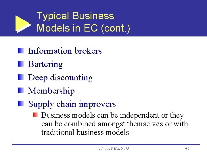 Typical Business Models in EC (cont. ) Information brokers Bartering Deep discounting Membership Supply