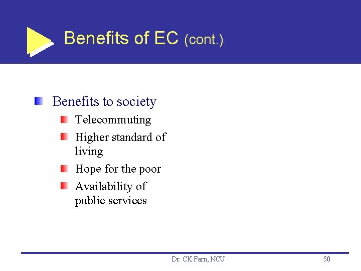 Benefits of EC (cont. ) Benefits to society Telecommuting Higher standard of living Hope