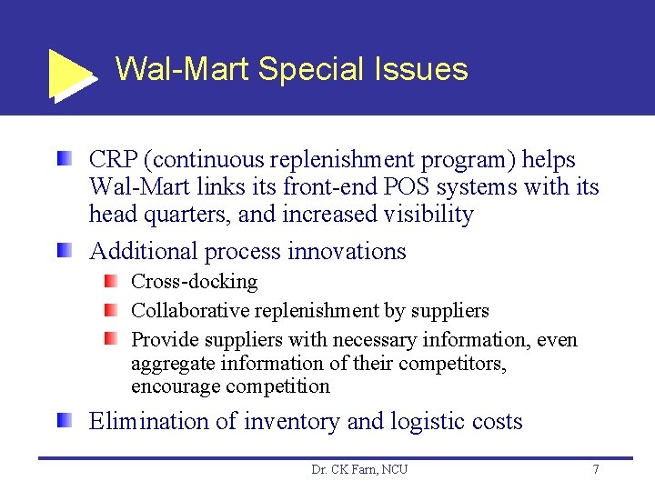 Wal-Mart Special Issues CRP (continuous replenishment program) helps Wal-Mart links its front-end POS systems