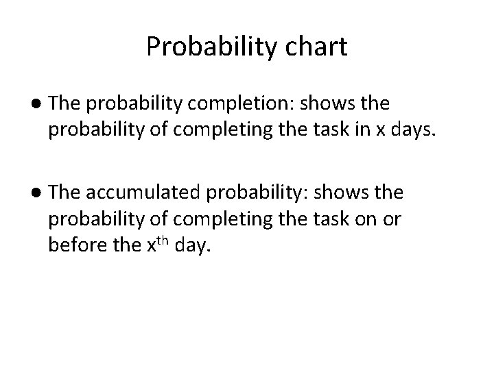 Probability chart ● The probability completion: shows the probability of completing the task in