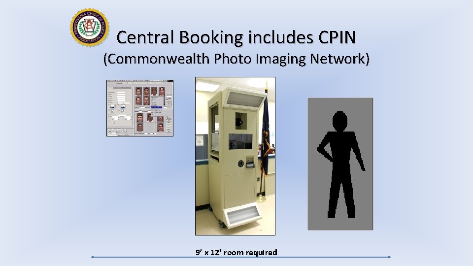 Central Booking includes CPIN (Commonwealth Photo Imaging Network) 9’ x 12’ room required 
