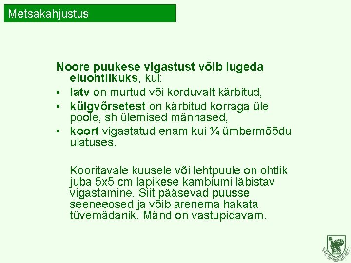 Metsakahjustus Noore puukese vigastust võib lugeda eluohtlikuks, kui: • latv on murtud või korduvalt