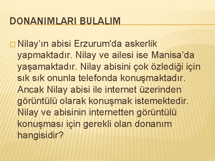 DONANIMLARI BULALIM � Nilay’ın abisi Erzurum'da askerlik yapmaktadır. Nilay ve ailesi ise Manisa’da yaşamaktadır.