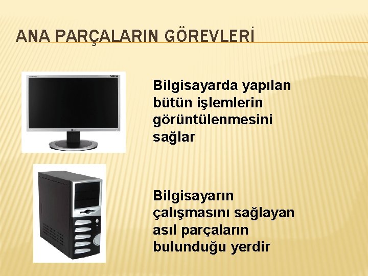 ANA PARÇALARIN GÖREVLERİ Bilgisayarda yapılan bütün işlemlerin görüntülenmesini sağlar Bilgisayarın çalışmasını sağlayan asıl parçaların