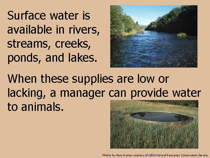 Surface water is available in rivers, streams, creeks, ponds, and lakes. When these supplies