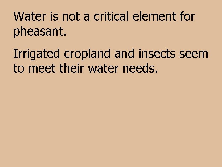 Water is not a critical element for pheasant. Irrigated cropland insects seem to meet