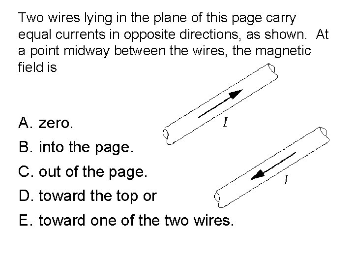 Two wires lying in the plane of this page carry equal currents in opposite