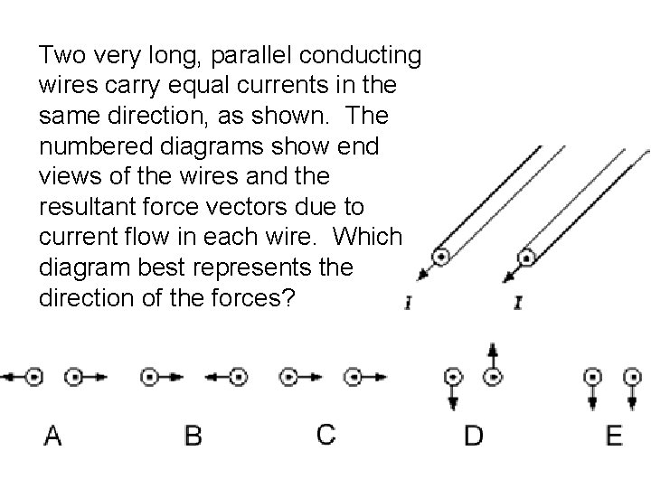 Two very long, parallel conducting wires carry equal currents in the same direction, as