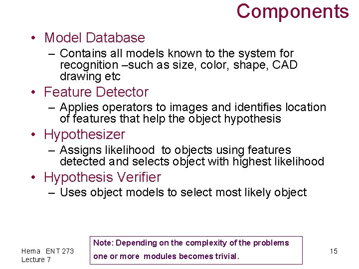 Components • Model Database – Contains all models known to the system for recognition