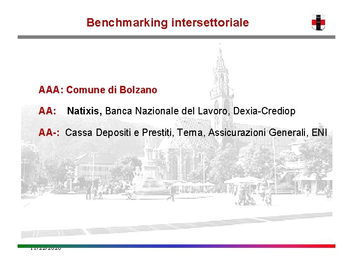 Benchmarking intersettoriale AAA: Comune di Bolzano AA: Natixis, Banca Nazionale del Lavoro, Dexia-Crediop AA-: