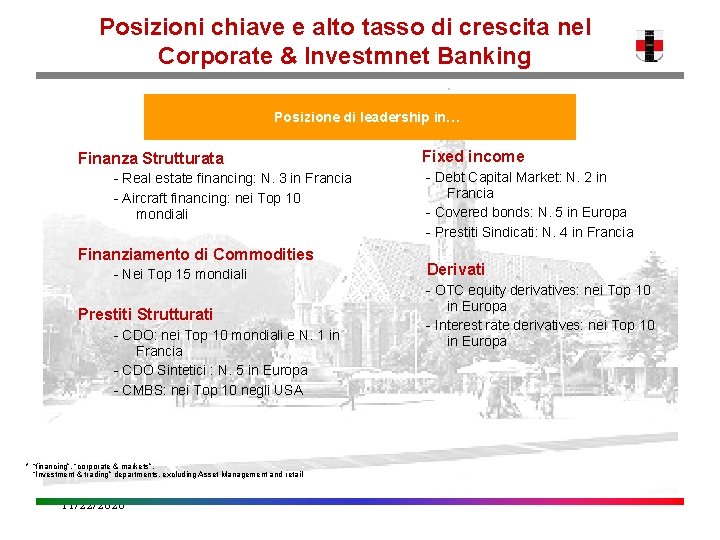 Posizioni chiave e alto tasso di crescita nel Corporate & Investmnet Banking Posizione di