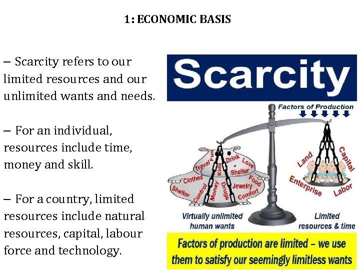 1: ECONOMIC BASIS – Scarcity refers to our limited resources and our unlimited wants 1: ECONOMIC BASIS – Scarcity refers to our limited resources and our unlimited wants
