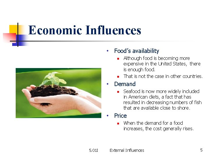 Economic Influences • Food’s availability n n Although food is becoming more expensive in